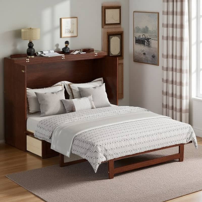 Queen Size Folding Cabinet Bed with Rattan Accent, Solid Pine Frame, Large Storage Drawer, Space-Saving Murphy Design - Walnut