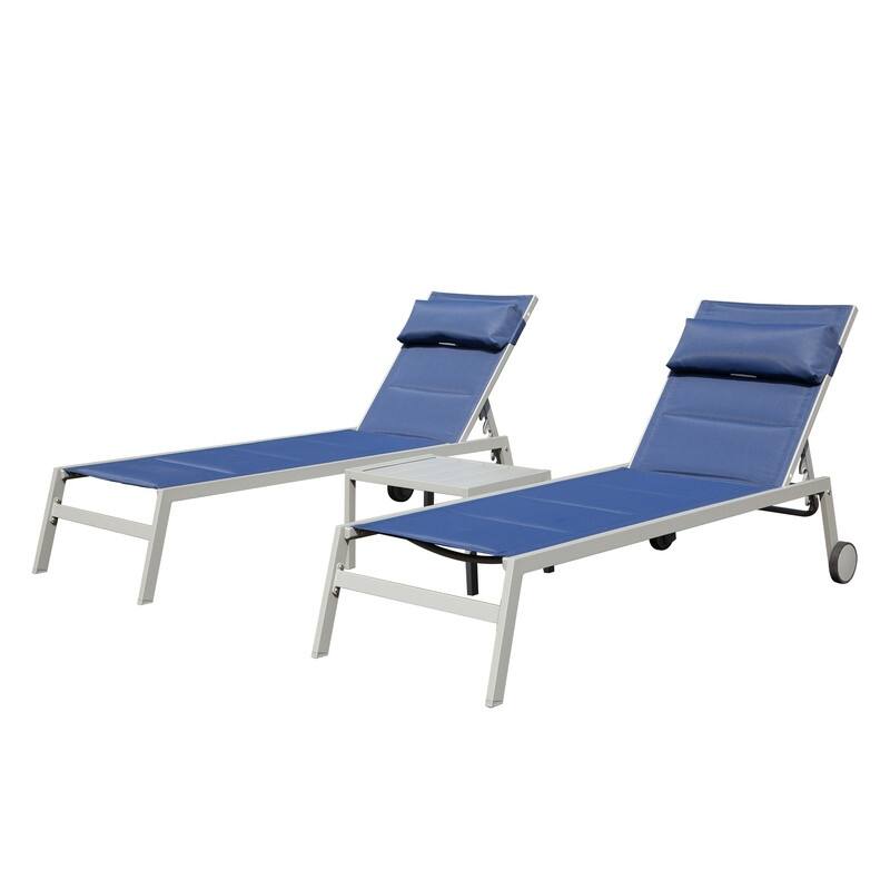 3 Piece Adjustable Patio Lounge Set,Textilene Chaise Chairs with Wheels and Table - Blue
