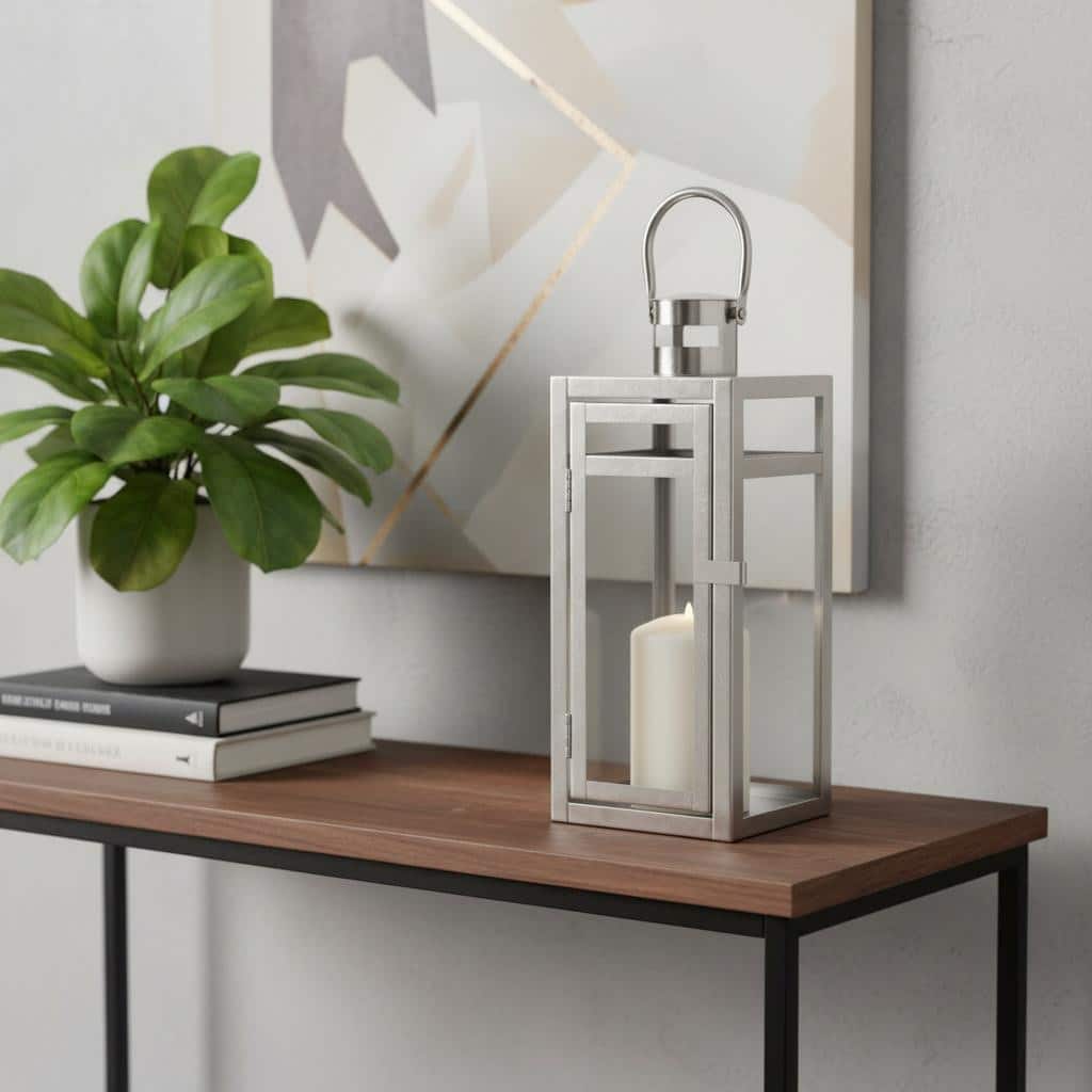 12" Clear And Silver Glass And Stainless Steel Floor Lantern Candle Holder