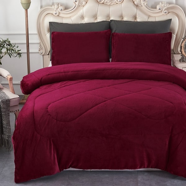 slide 2 of 6, 3 Piece Sherpa Plush Micro Suede Comforter Set Burgundy - King