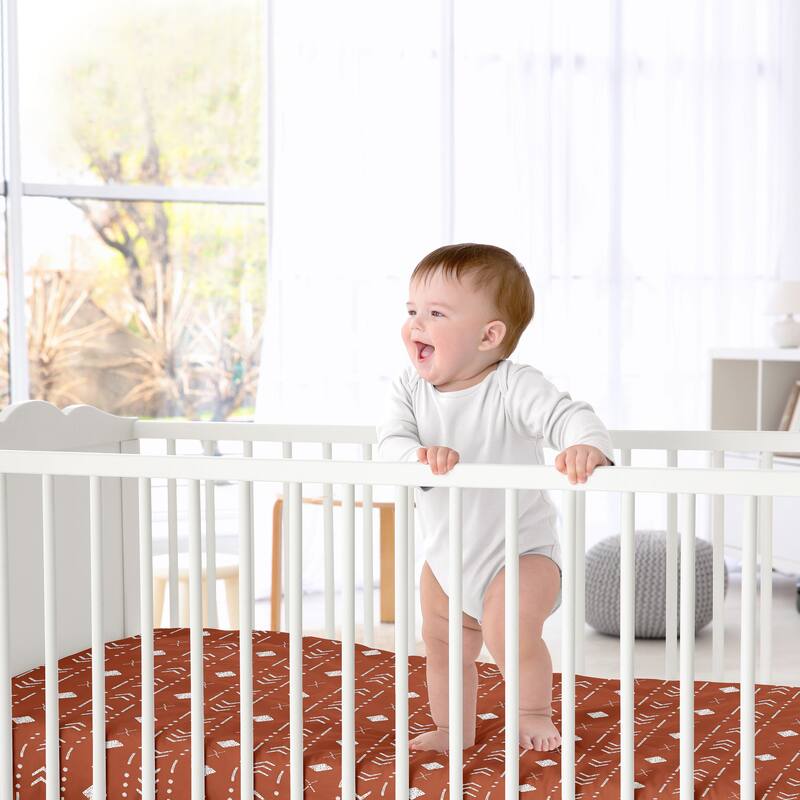 Rust White Boho Tribal Mudcloth Boy or Girl Fitted Crib Sheet - Orange Woodland Bohemian Southwest Geometric Arrow Neutral Aztec