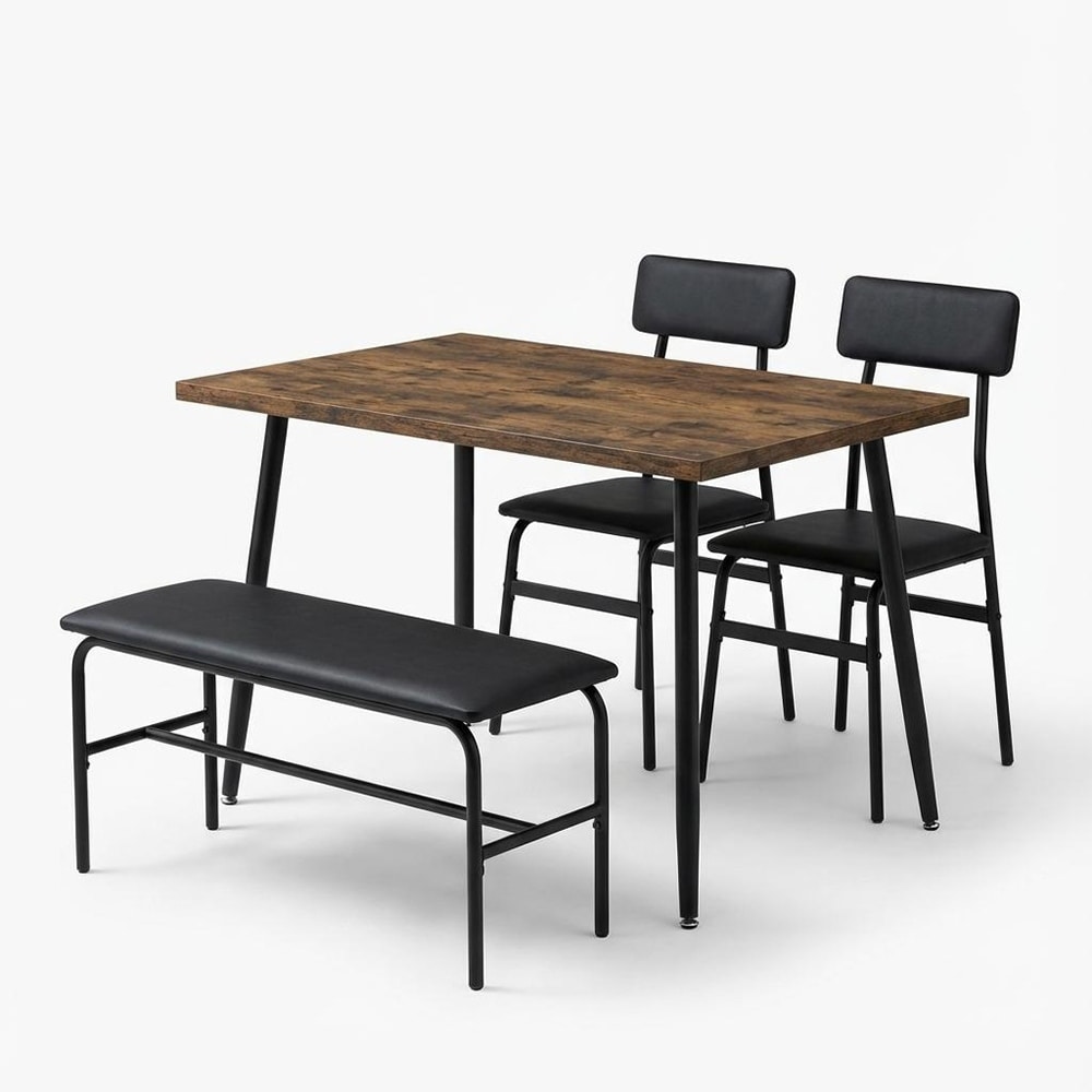 Dining Table Set for 4 with Wood Table, Upholstered Bench and 2 Chairs, Space-Saving Kitchen and Dining Room Furniture