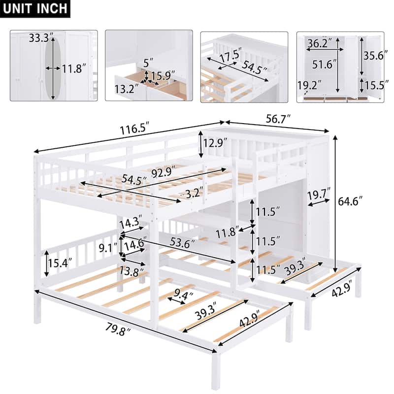 Full-Over-Twin-Twin Bunk Bed with Shelves Wardrobe and Mirror