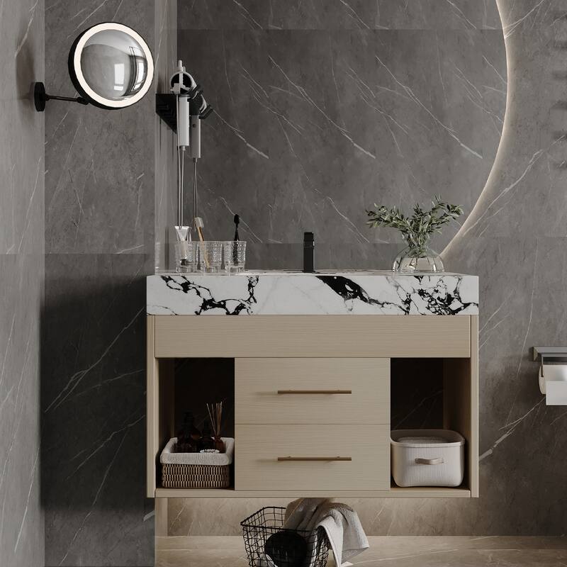 GDFStudio - Modern 29.9" Floating Bathroom Vanity with Sintered Stone Top, Ceramic Sink & U-Shape Drawers