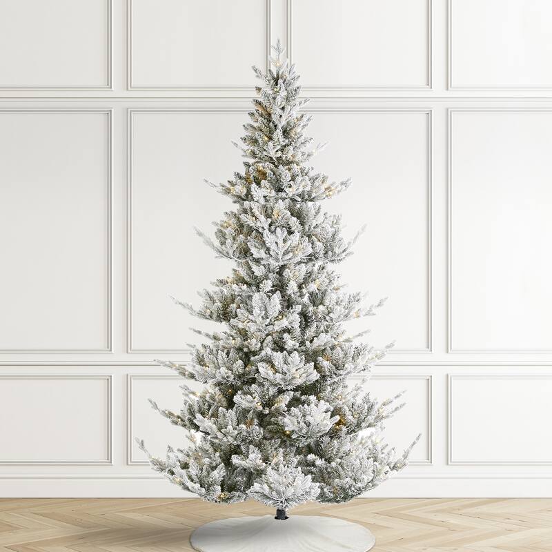 Glitzhome Snow Flocked Upward Slim Fir 7.5' or 9' Artificial Christmas Tree with LED Lights & Remote Control