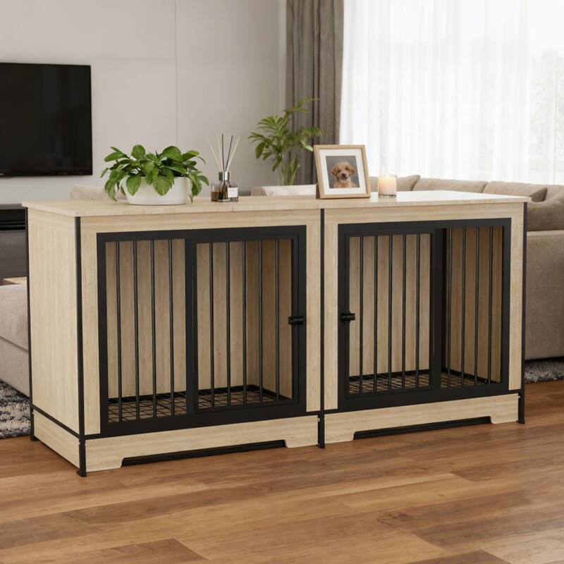 Dog Crate Furniture with Two Combined Room, XL Large Double Dog Cage Furniture with Tray for Medium Large Dogs
