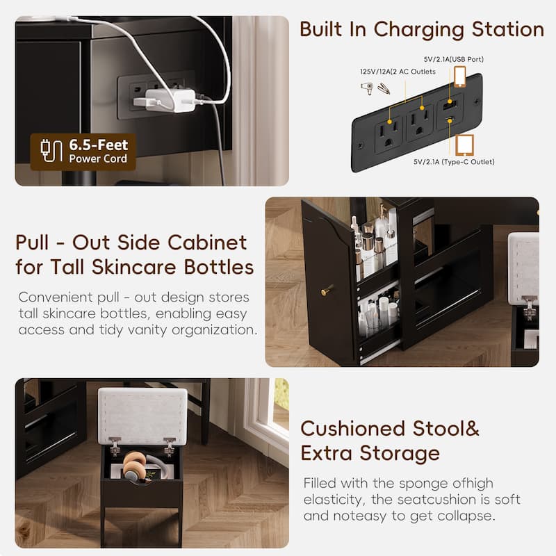 Modern Corner Makeup Vanity Desk with Stool, Charging Ports, Glass Tabletop, Removable Side Cabinet, Drawer & Storage Shelves