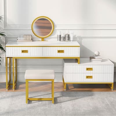 Modern Makeup Vanity Table Set, LED Mirror, Movable Side Cabinet, 4 Drawers, Stool