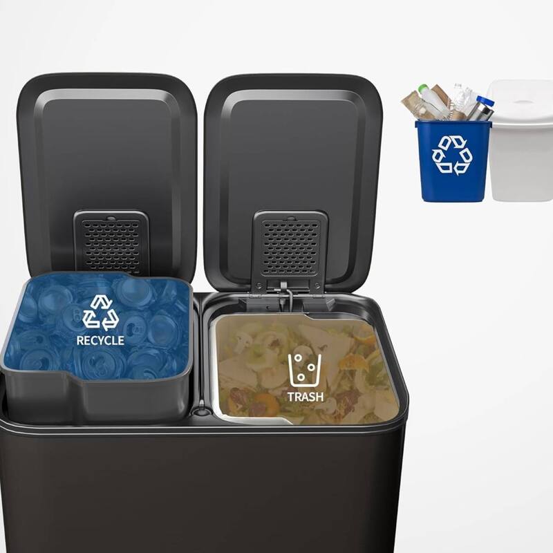 2 x 8 Gal Double Trash Can, Stainless Steel Dual Compartment Step-On Trash Can for Kitchen