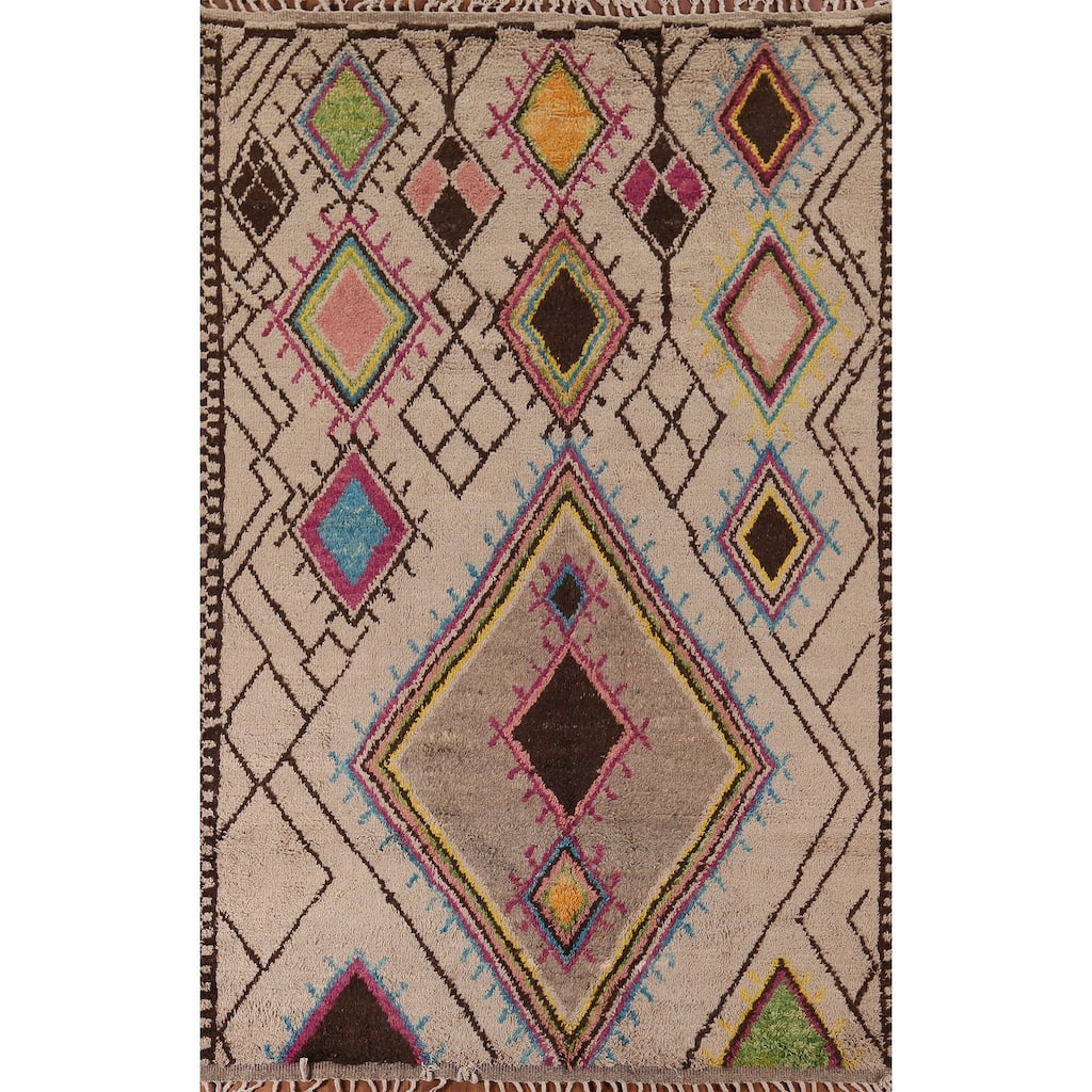 All-Over Plush Geometric Moroccan Area Rug Handmade Wool Carpet - 6'9" x 10'2"