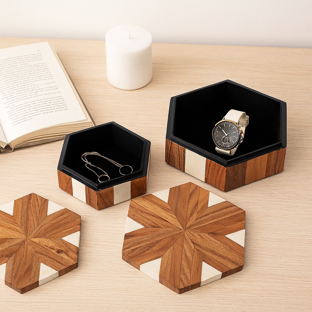 Wood Storage Boxes Geometric Mosaic Design (Set of 2) - 4", 3" White - 12" x 10" x 4"