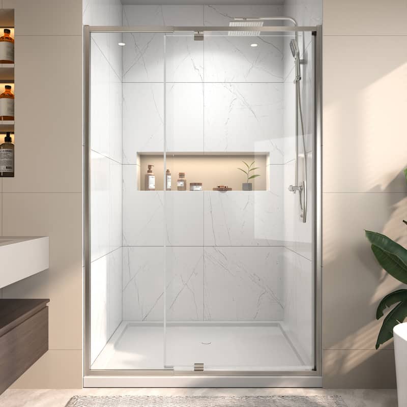 48" Wx71" H Frameless Pivot Shower Door with Clear Tempered Glass, Adjustable Width