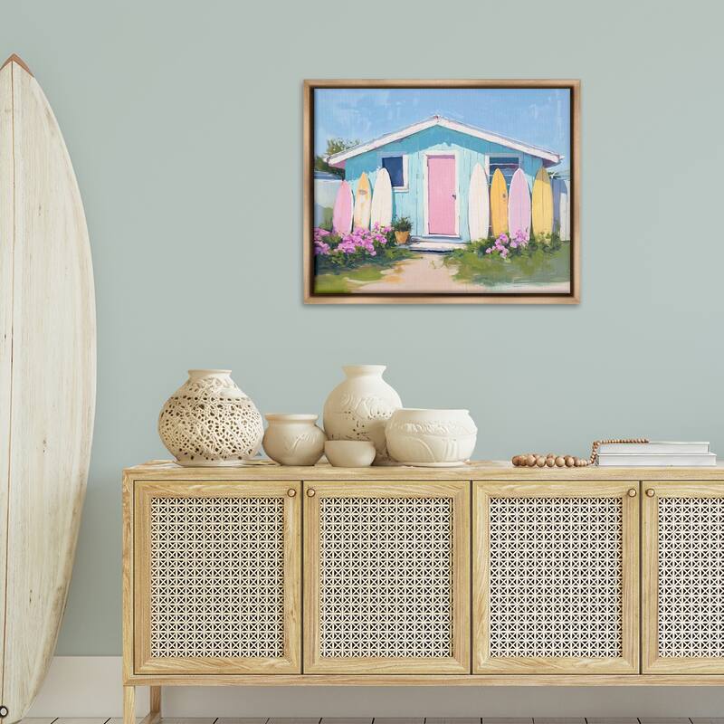 Stupell Cabin with Pastel Surfboards Framed Floater Canvas Wall Art Design By Arlington Prints