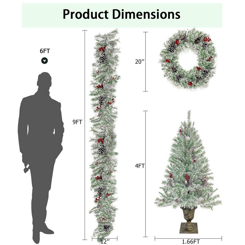 Christmas 4-Piece Set,Garland, Wreath,2 Entrance Trees, LED Lights - Retro White - 4 Pieces Christmas Decoration