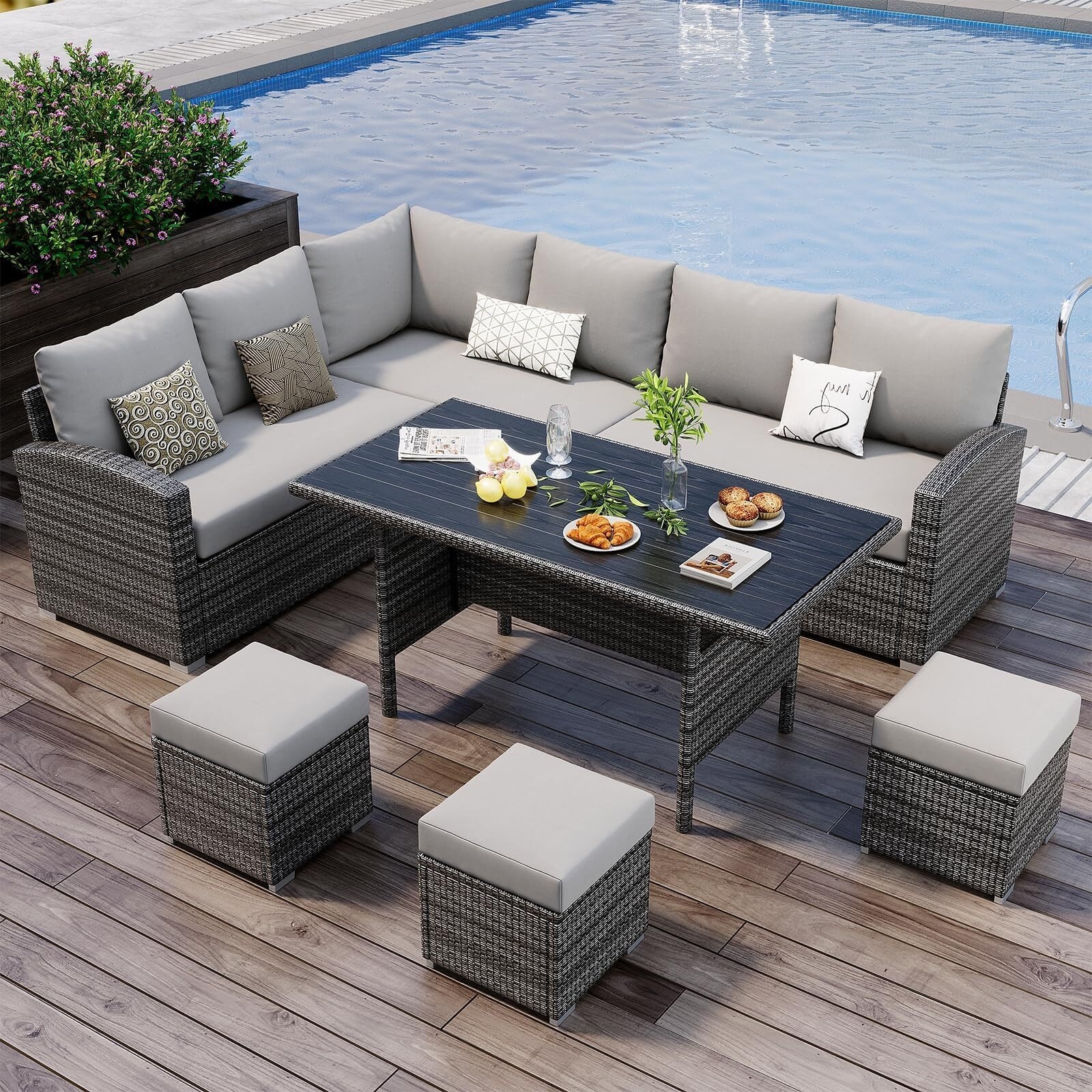 Patio Furniture Set 7 Pieces Outdoor Rattan with Detachable Soft Cushions