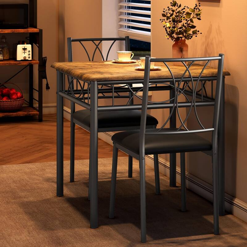 3-Piece Industrial Dining Set, Table with 2 Upholstered Chairs & Metal Legs, Space-Saving Breakfast Table Set