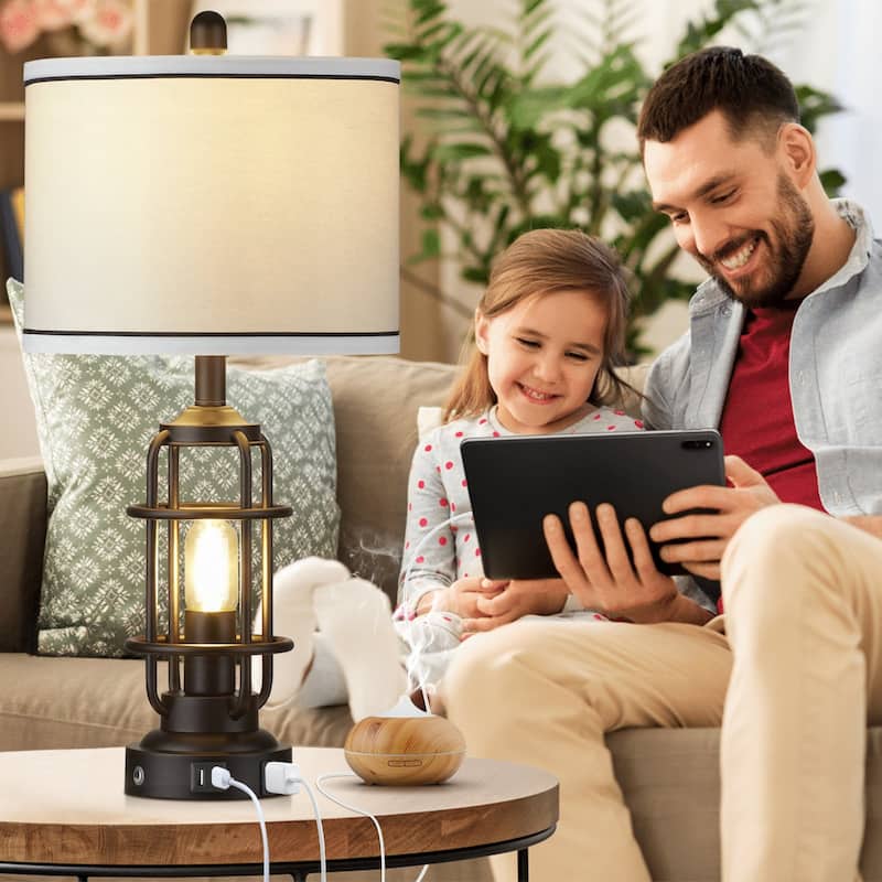 Black Metal Table Lamps Nightlight 2in1 Knockdown Drum Shade & Independent Rotary Switch & Touch Dimming Switch (Set of 2)