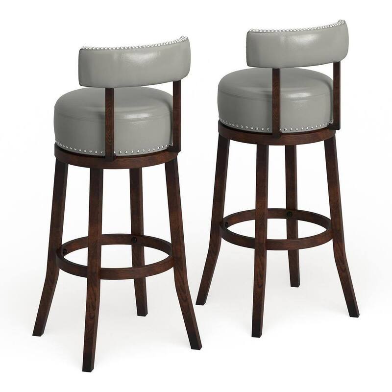 Sherly Set Of 2 Bar Stool 30" Swivel Stool Dark Oak Solid Wood Dark Gray Leatherette Chairs Dining Room