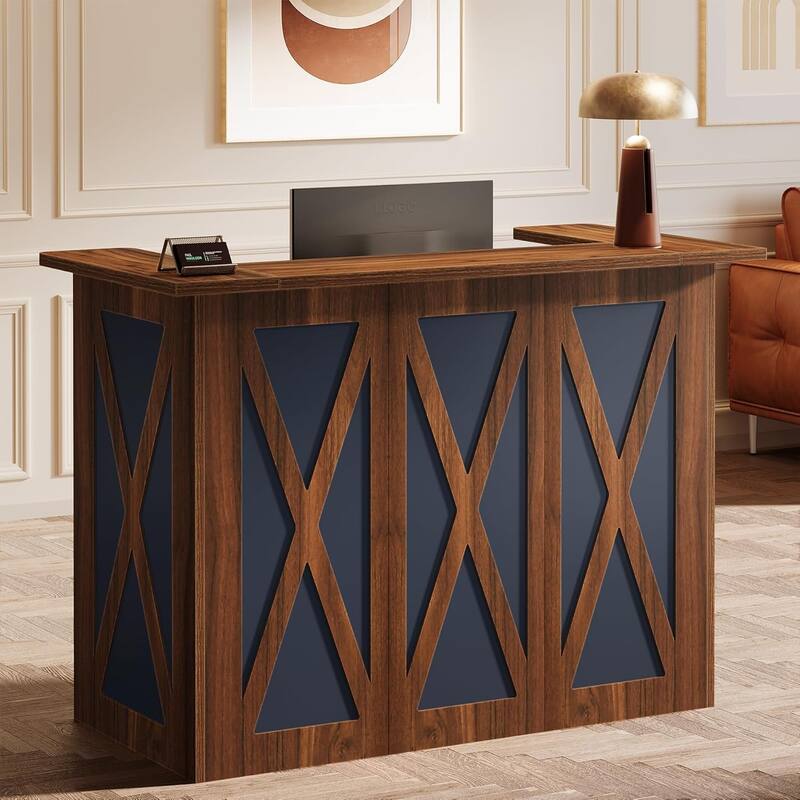 59" Reception Desk with Counter, Modern Front Desk Reception Counter, Retail Front Table - Vintage Brown & Dark Blue