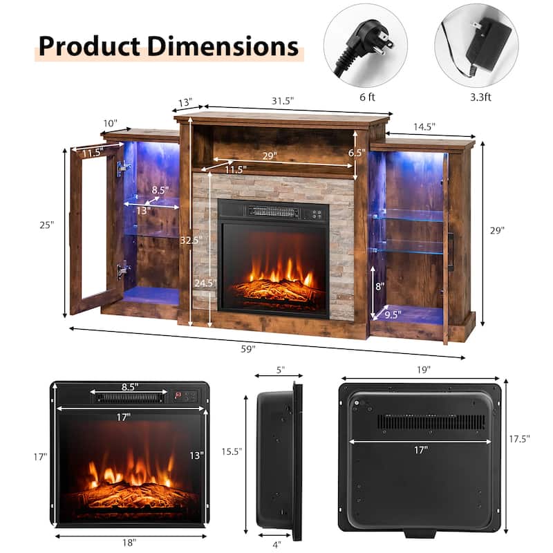 Electric Fireplace TV Stand with 16-Color LED Lights and Adjustable Glass Shelves for Living Room - 59" x 10" x 32.5"