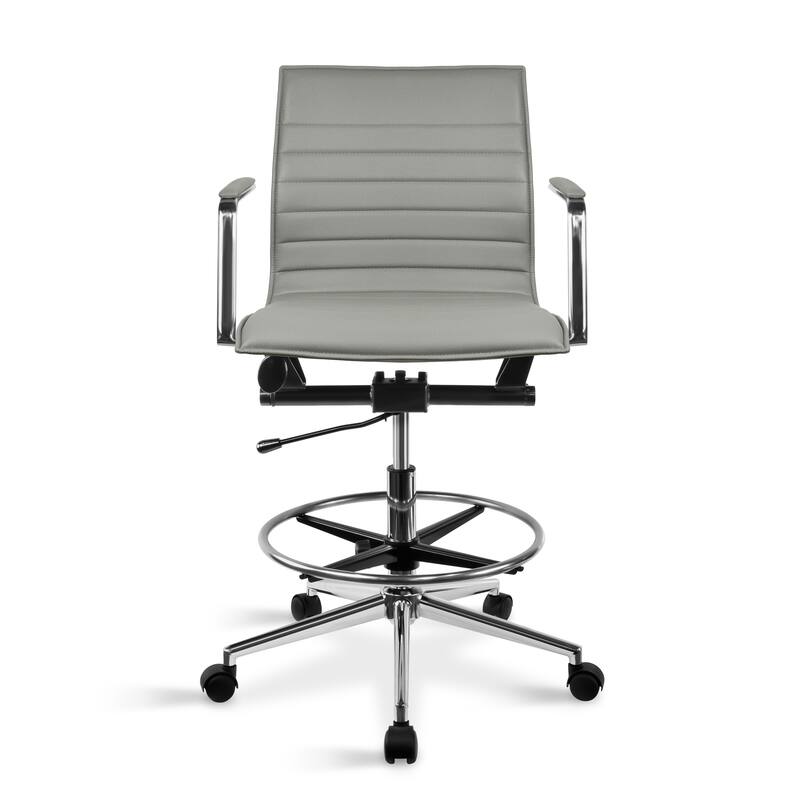 Set of 2 Modern Drafting Chair Upholstered PU Leather Ribbed Mid Back with Tall Adjustable Rest Computer Armchair