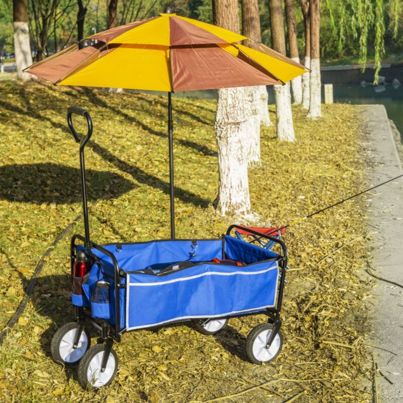 Folding Wagon Garden Shopping Beach Cart (Blue) - Black