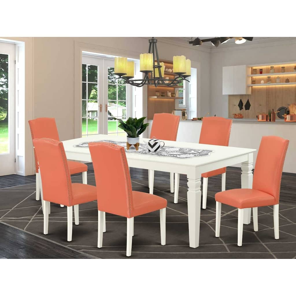 French Country Kitchen Table Set - 7Pc Rectangle Dining Table w/ Chairs - Linen White Legs, Pink Flamingo PU Leather