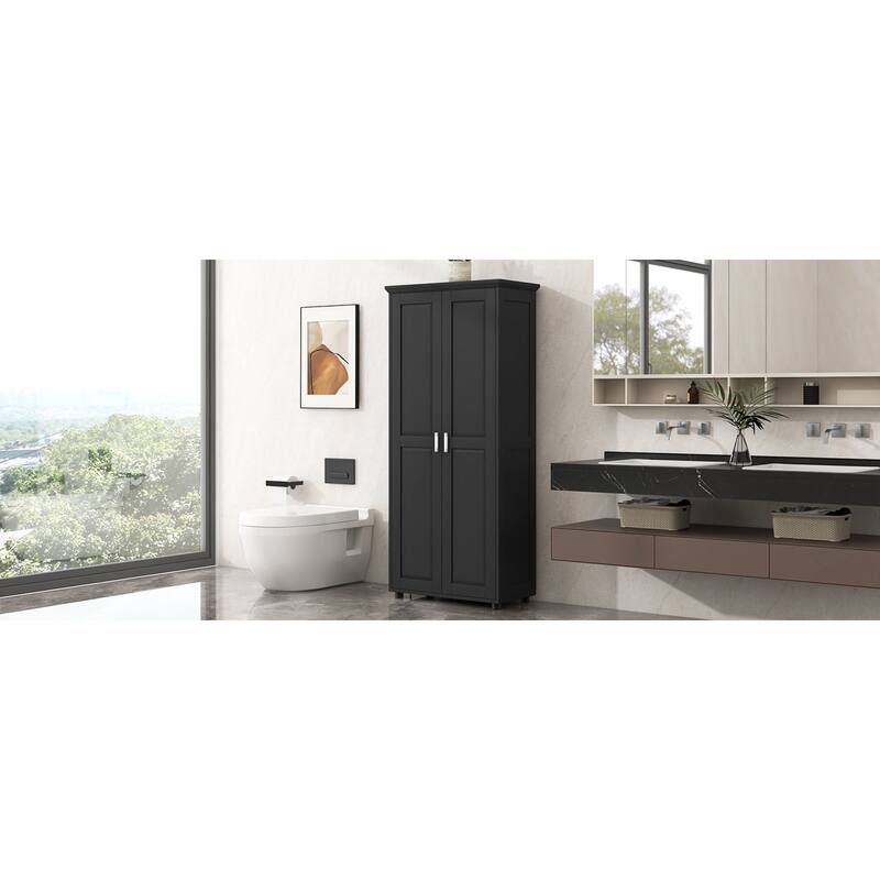 Roomfitters Tall 2-Door Storage Cabinet with 5-Tier Adjustable Shelves, Modern MDF Linen Tower for Bathroom & Office, Black