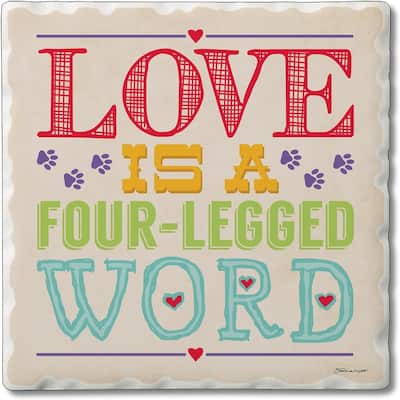 Love is A Four Legged Word 4 Pack Single Absorbent Stone Coaster with Cork Backing Made in The USA 4" Square, Easily Wipes Clean