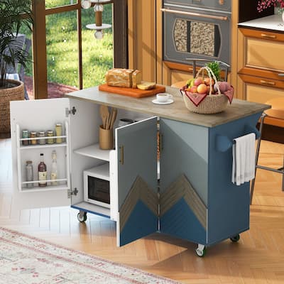 51 in. W Kitchen Island Retro Drop-Leaf Desktop on 4 Wheels with Internal Storage Rack and Towel Rack