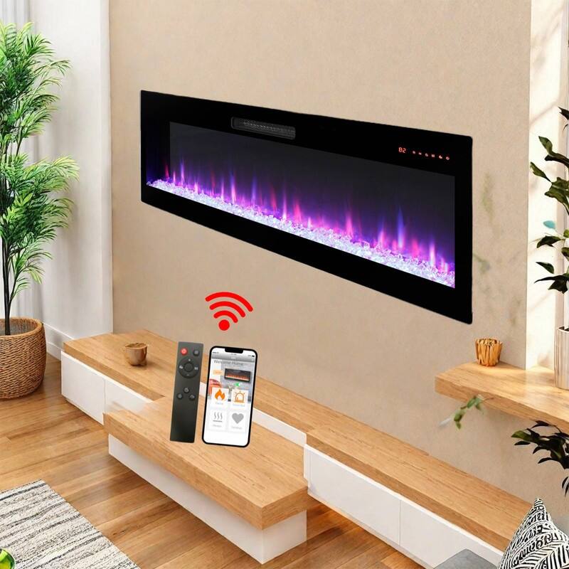 50/60 in. Smart WiFi-Enabled Wall Mount & Recessed Electric Fireplace Heaters in Black, 1400W/5000BTU