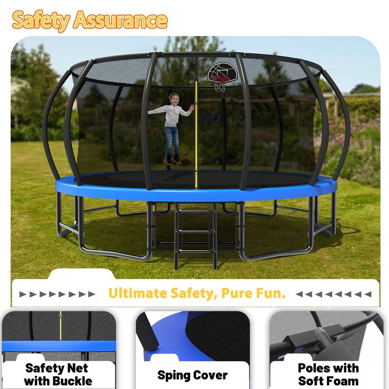 16FT Outdoor Trampoline for Kids and Adults, Pumpkin Trampolines with Curved Poles,Heavy Duty Trampoline