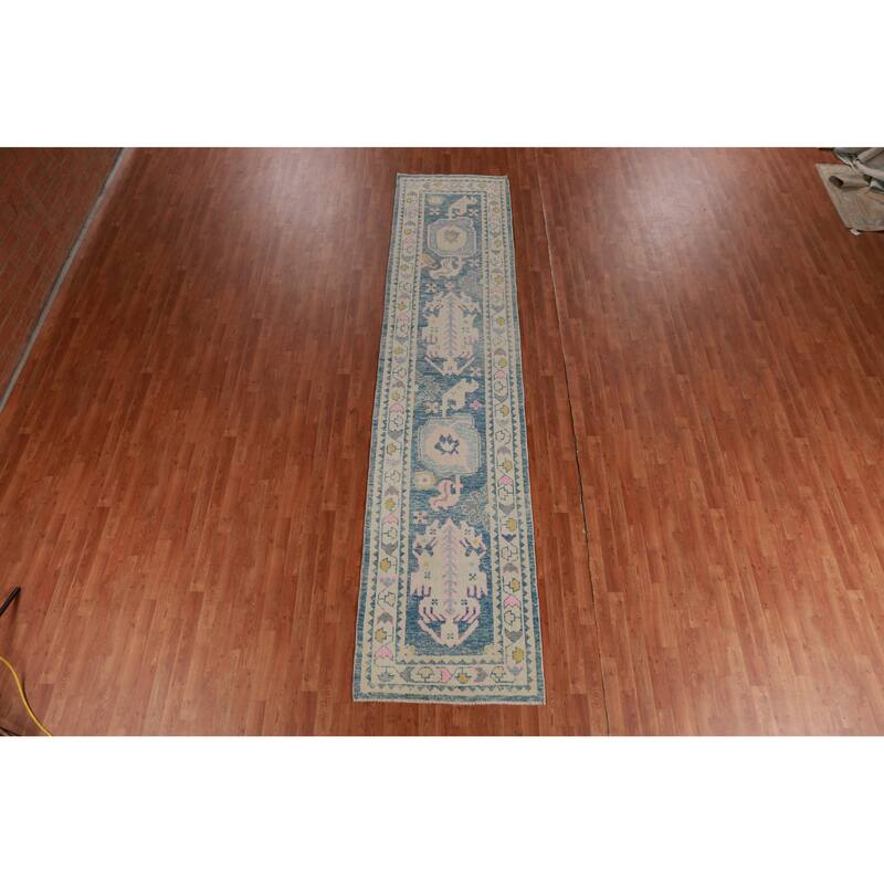Hand Knotted Oriental 100% Wool Carpet Transitional Geometric Navy Blue & Blues Oushak Runner Rug - 13' 10'' X 3' 2''