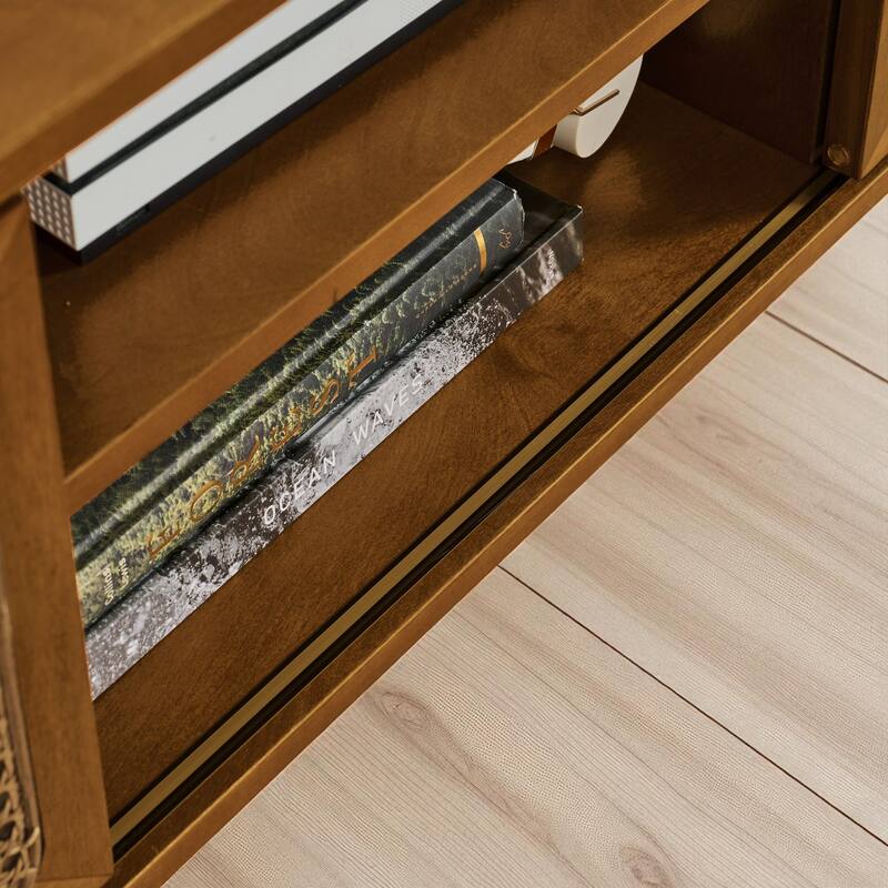 67.9" Mid-Century Modern Rattan TV Stand for TVs up to 75", Entertainment Cabinet with Sliding Doors & Solid Wood Legs