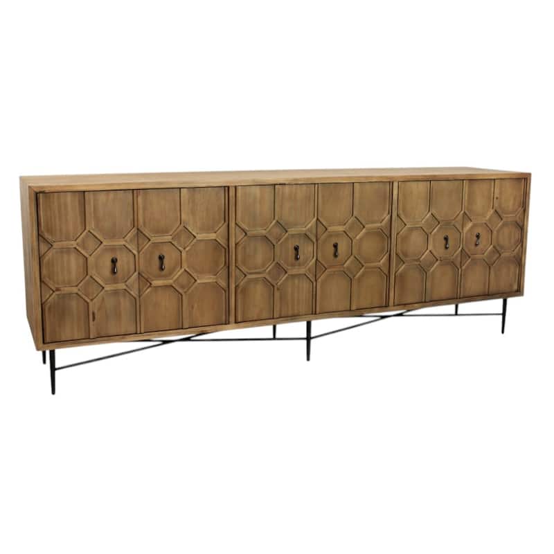 HomeRoots 91" Natural Distressed Solid Wood Carved Geometric Sideboard with Six Doors - 91.00 in. x 32.00 in. x 20.00 in.