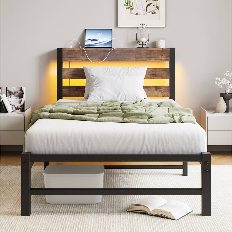 Twin Size Modern Metal Bed with Wooden Headboard,RGB Lights and Storage Shelf for Bedroom