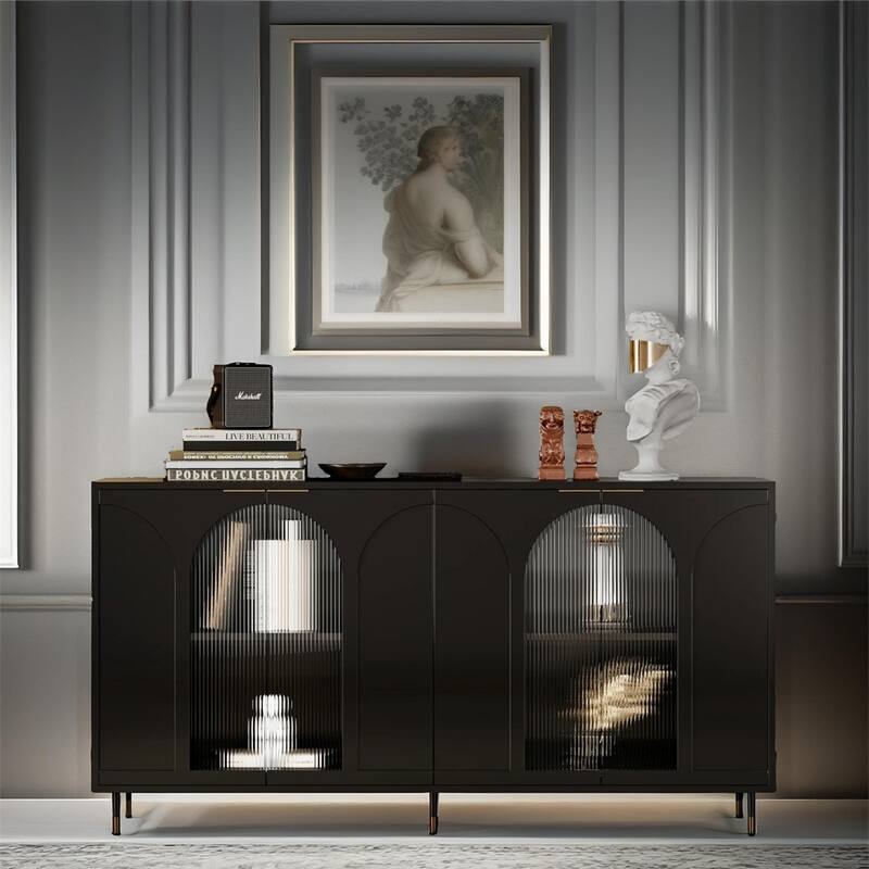 Accent Cabinet Black Lacquered Wooden Cabinet w/ 4 Glass Doors Buffet