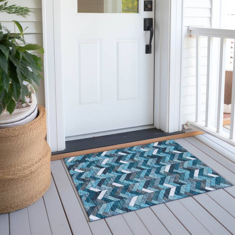 Machine Washable Indoor/ Outdoor Modern Chevron Chantille Rug - Teal - 1'8" x 2'6"