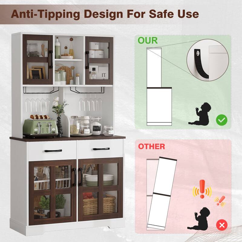 Modern Kitchen Pantry Cabinet with Power Outlet, Microwave Stand, Wine Glass Holder for Dining Room & Home Bar