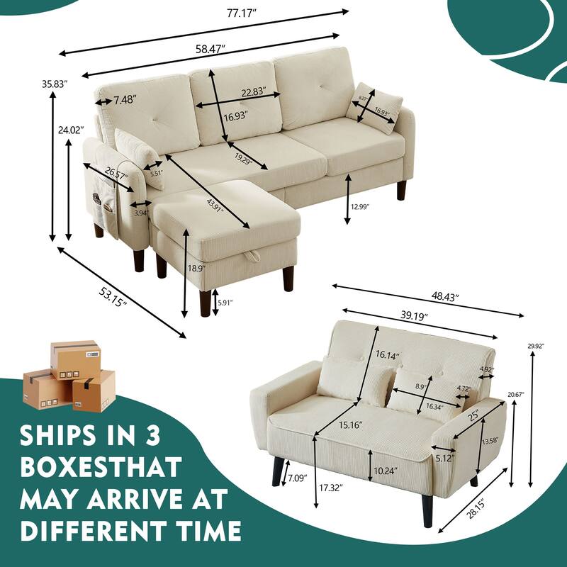 77.17" Corduroy 3 Pieces Living Room Sets with Sofa, Ottoman and Loveseat