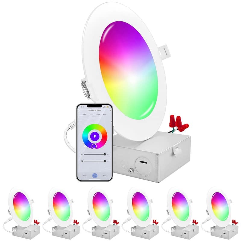 Luxrite 6 inch Smart LED Recessed Lighting, RGBW Color Changing, WiFi and Voice Control, Alexa and Google Home 6-Pack - RGB and Tunable White