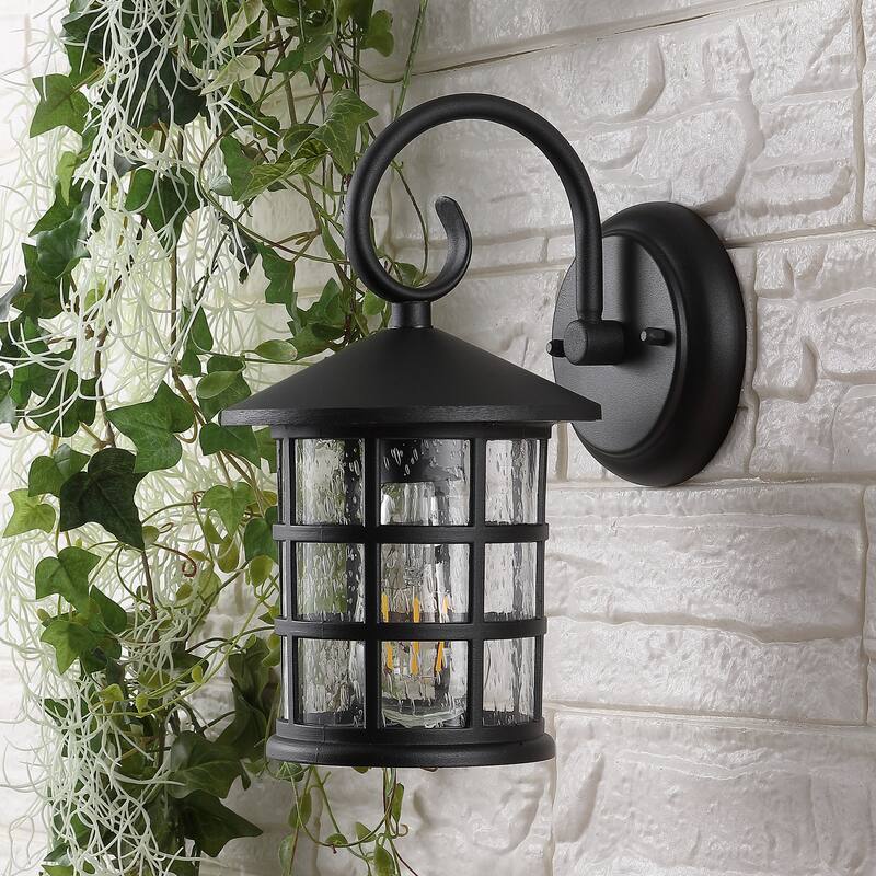 Plains 6" 1-Light Iron/Seeded Glass Cottage Rustic Scrolled Lantern LED Outdoor Lantern, Black (Set of 2) by JONATHAN Y
