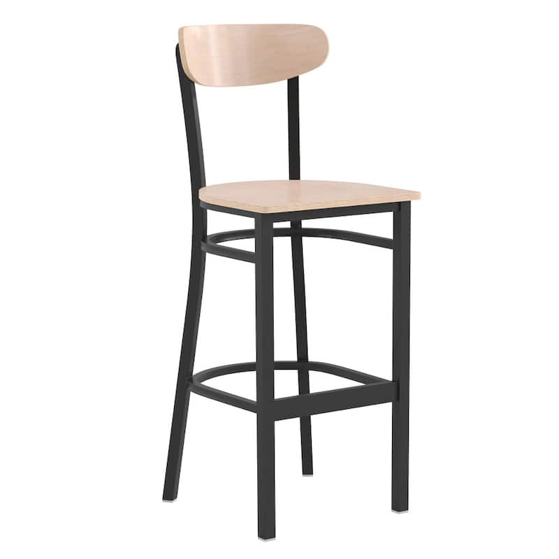 Commercial Metal Barstool with Wood Seat and Boomerang Back