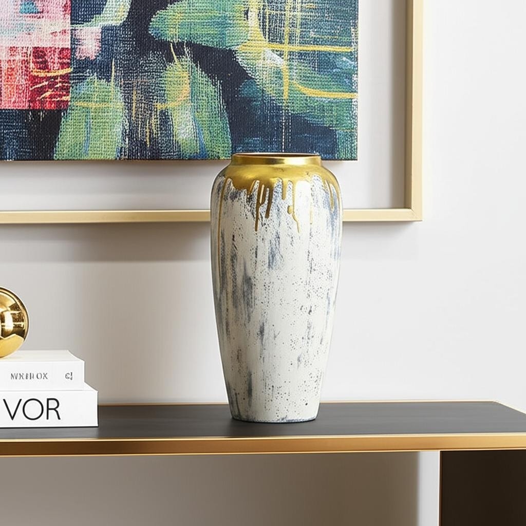 14" Gray Ivory And Gold Modern Abstract Ceramic Table Vase - 6.70