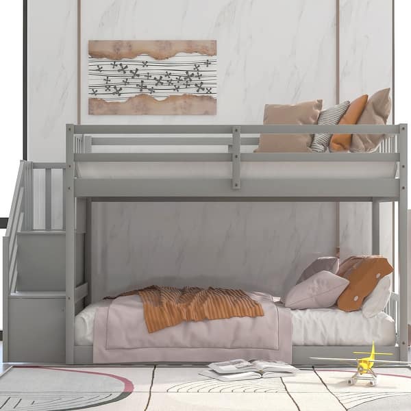 slide 2 of 23, Twin over Twin Floor Bunk Bed, Ladder with Storage,Gray Gray
