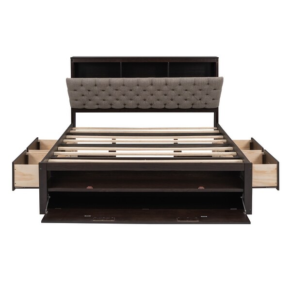 Wood Queen Size Platform Bed with Flip-top Tufted Storage