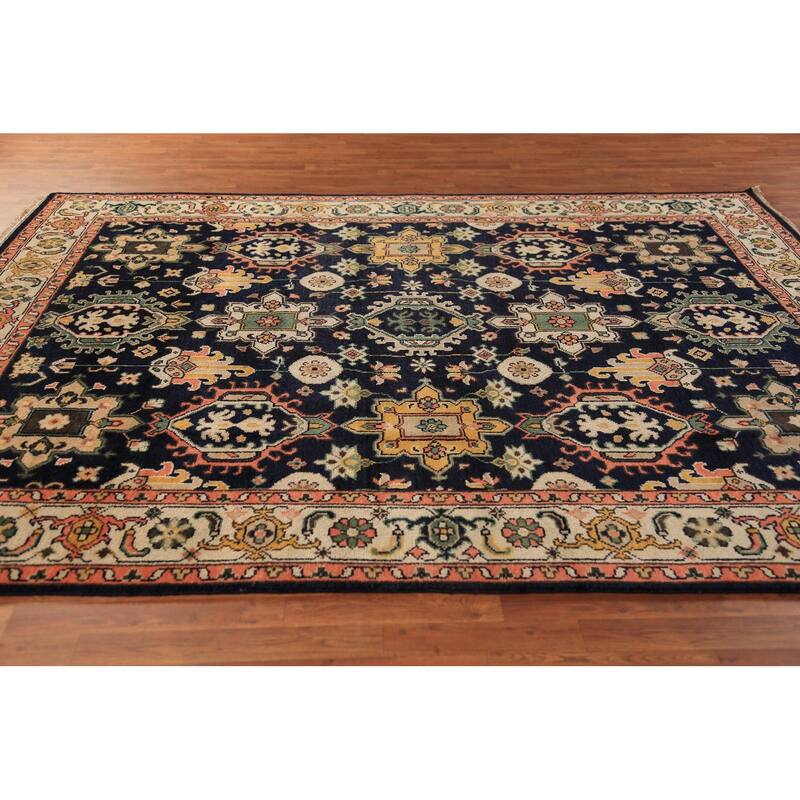 Navy Blue Geometric Oushak Indian Area Rug Handmade Wool Carpet - 8'0"x 10'1"