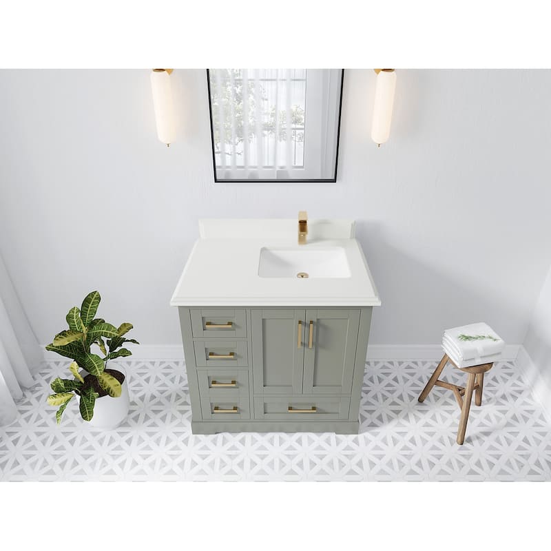 Willow Collections 36 x 22 Boston Right Offset Sink Bathroom Vanity with Quartz or Marble Countertop - 1.5"White - Evergreen