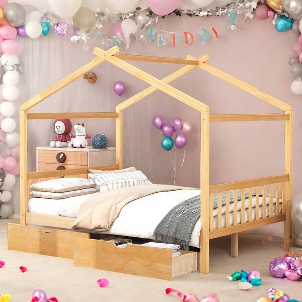 slide 2 of 18, Kids and Baby Full Size Roof House Platform Bed With Headboard And Footboard