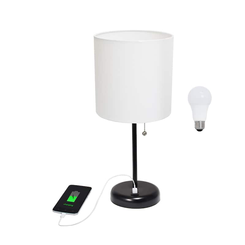 White Stick Lamp with USB charging port and Fabric Shade